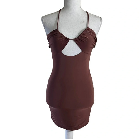 Windsor NWT Brown Dress Size Small Keyhole Neck Spaghetti Straps Stretch Mini - Picture 1 of 4